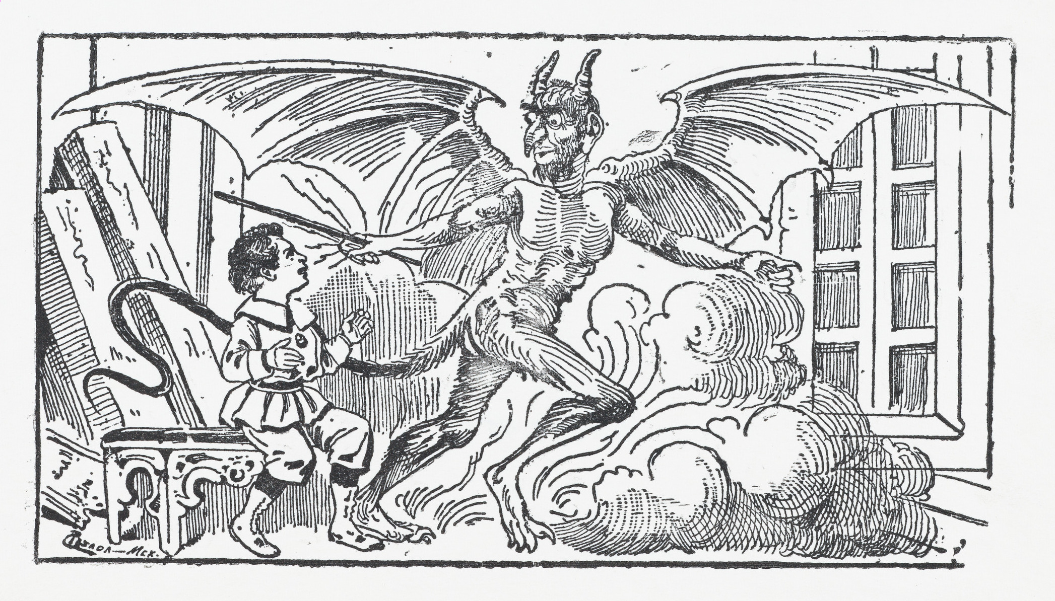 A young boy cowering from a demon, illustration from 'El Cuento Niño de Dulce'