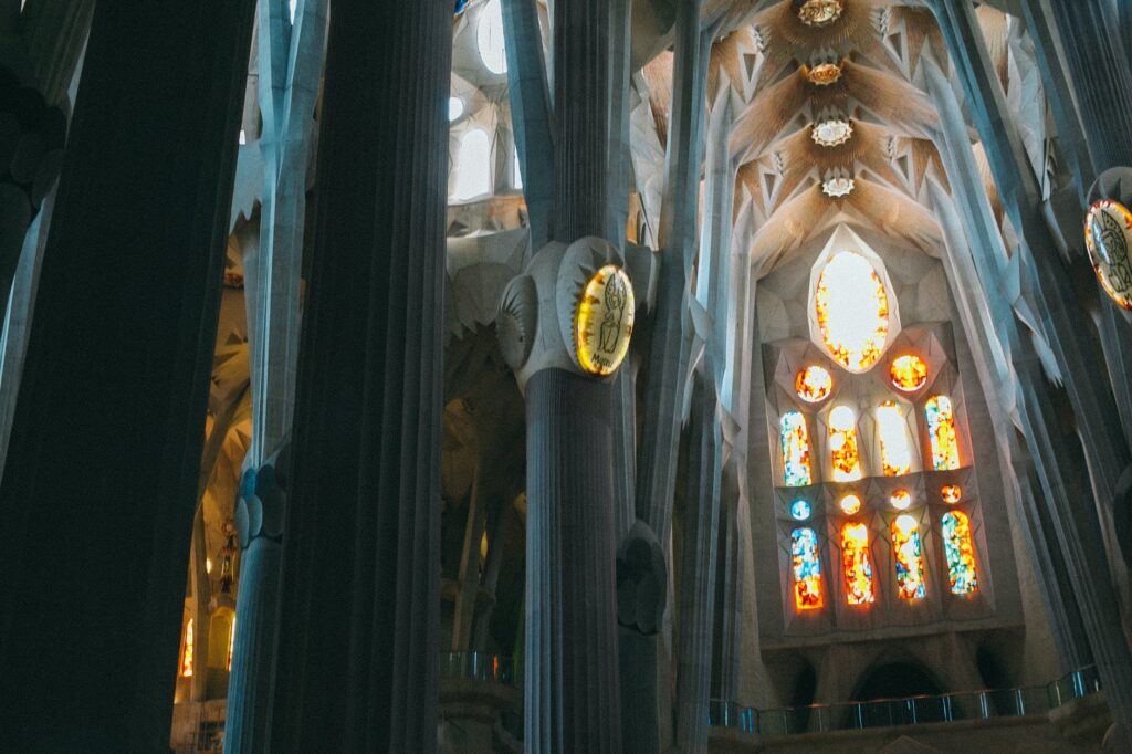 arched ceiling with stained glass windows in cathedral
